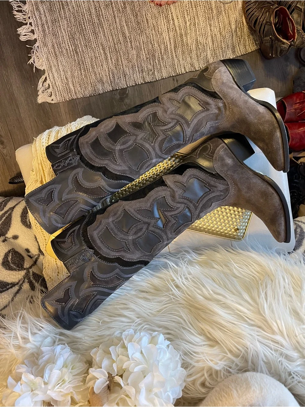 Frye Shane Embroidered Cuff western boots over-the-knee in Charcoal Gray Brown